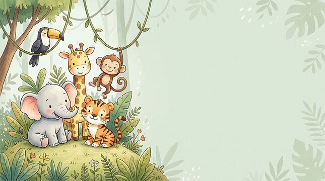 Cute jungle animals and empty copy space on soft green background