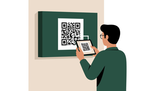 Modern Illustration of a Man Scanning a QR Code on a Wall Using a Tablet for Contactless Information Access