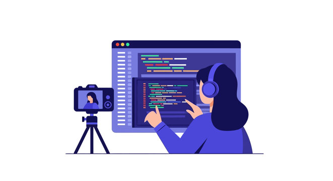 Female Software Developer Recording Online Programming Tutorial or Coding Livestream with Camera and Computer Screen Illustration