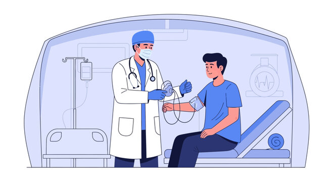 Medical Evaluation Illustration: Doctor Checking Patient's Blood Pressure in a Medical Setting