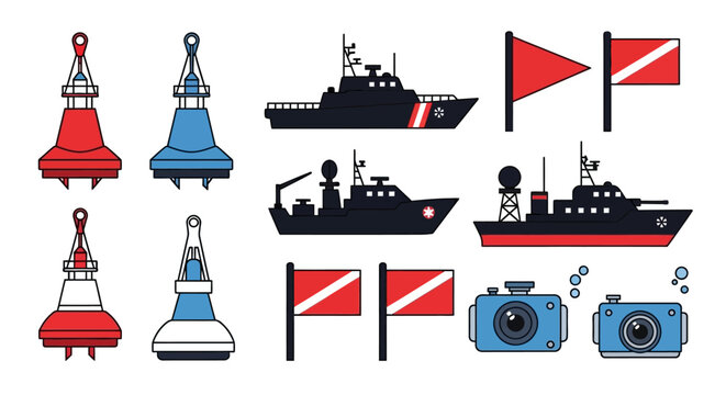 Nautical Buoys, Ships, Dive Flags, and Cameras Vector Set