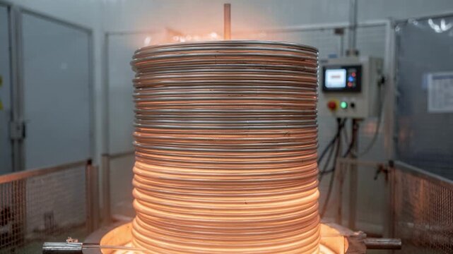 Medium shot showing thin foil coils stacked neatly undergoing thermal softening to enhance ductility with careful temperature regulation and protective measures