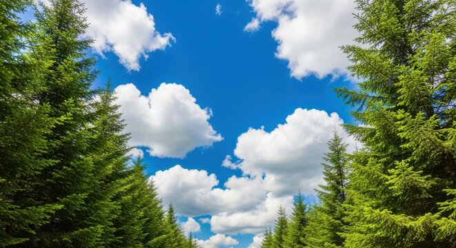 Low angle view of lush green pine trees against a bright blue sky