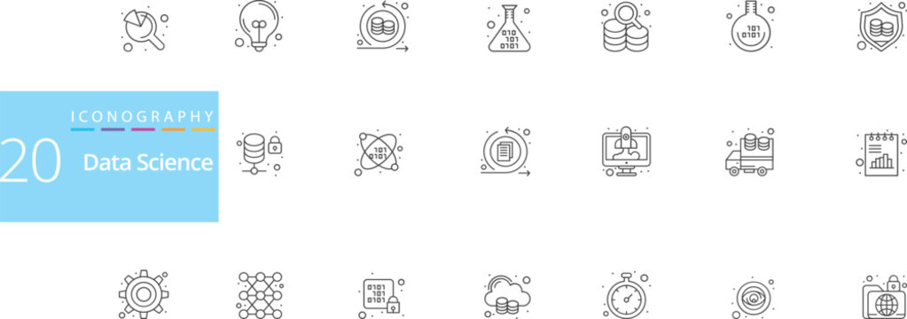 Data science iconography pack with analytical symbols database management icons cloud computing graphics information processing tools and digital technology visualization vector signs.