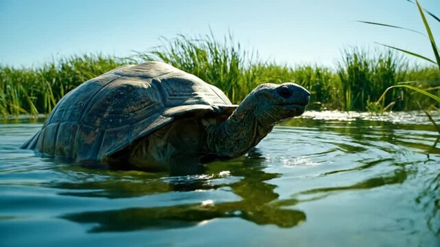 Low angle of a giant tortoise in a wetland environment with tall reeds and a bright blue sky on a sunny day