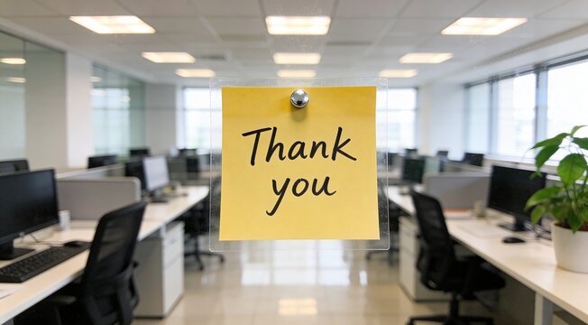 Thank you note on sticky paper in modern office setting