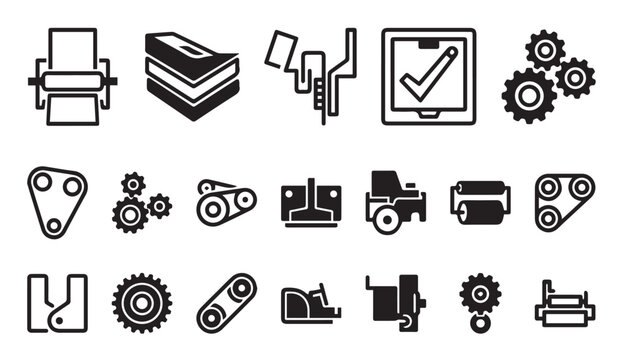 Mechanical components and gear icons with belt drive paper stack mechanics