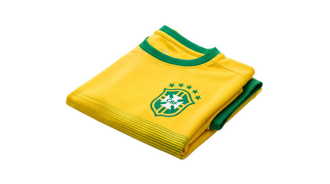 Brazilian Soccer Jersey Yellow Green Isolated White Background Studio Product Photography