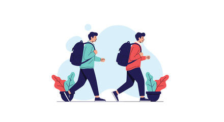 Fototapeta premium Two male hikers wearing backpacks and athletic clothing walking in the same direction against a blue abstract background.