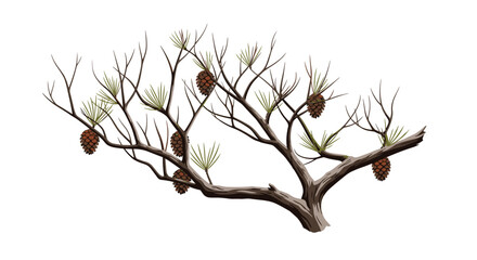 Fototapeta premium Detailed natural illustration of a horizontal pine tree branch with green needles and several brown cones attached.
