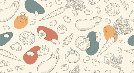 Fototapeta premium Seamless pattern featuring hand drawn sketches of fresh vegetables including eggplant tomato cabbage and carrot on a light background.