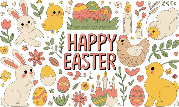 Happy easter lettering with cute bunnies, chicks, eggs, and flowers for holiday celebration