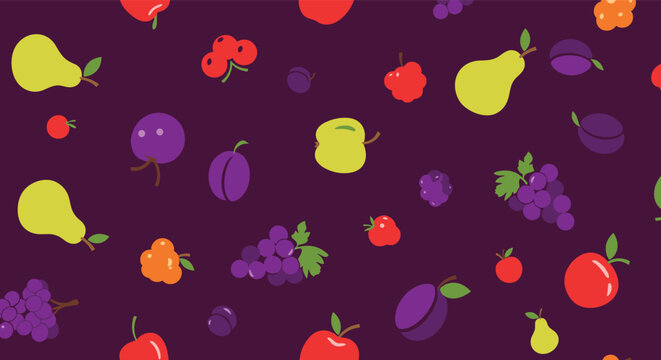 Seamless pattern of colorful various fruits including apples pears grapes and plums on a dark purple background for fresh design.