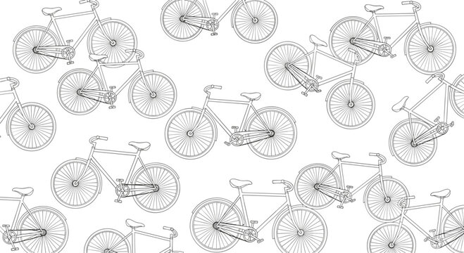 Seamless background pattern of hand drawn bicycle sketches on a white background symbolizing green urban transportation and active life.