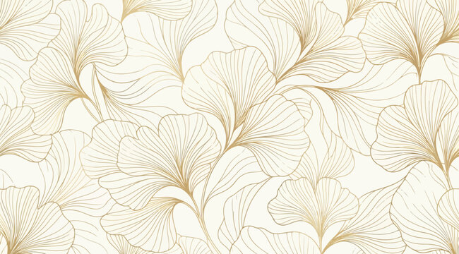 Seamless pattern with golden ginkgo biloba leaves on a cream background