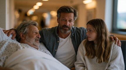 Fototapeta premium A middle-aged man sits between his aging father in a hospital bed and his teenage daughter in a hallway chair outside the room, his hands on both their shoulders as he speaks