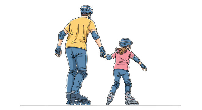 Father and young daughter holding hands while rollerblading together on a white background wearing helmets and protective safety gear.