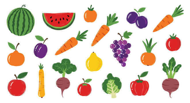 Collection of colorful hand drawn style fruit and vegetable icons including watermelon, carrots, grapes, tomatoes, apples, and peppers.