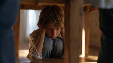 Obraz premium Eleven-year-old boy refuses to come out from under a kitchen table during a family argument, knees pulled to chest and hands over ears, while two adult pairs of feet are visible