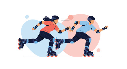 Obraz premium Man and woman wearing helmets and safety pads roller skating fast together on a colorful abstract background with speed lines.