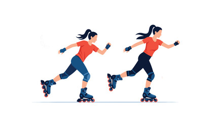 Fototapeta premium Two women in red shirts and blue leggings rollerblading side by side in a synchronized motion on a clean white background.