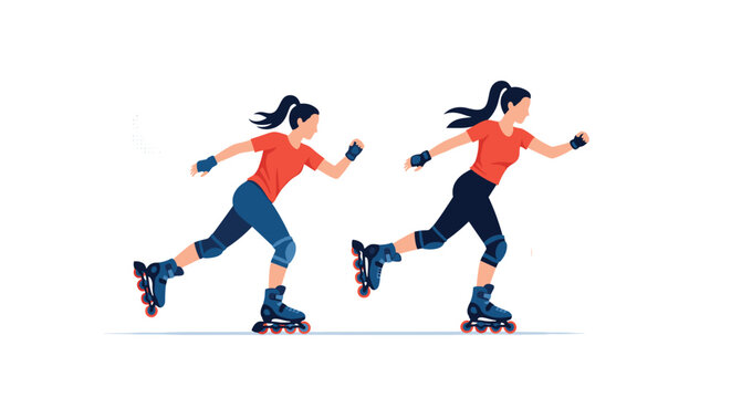 Two women in red shirts and blue leggings rollerblading side by side in a synchronized motion on a clean white background.