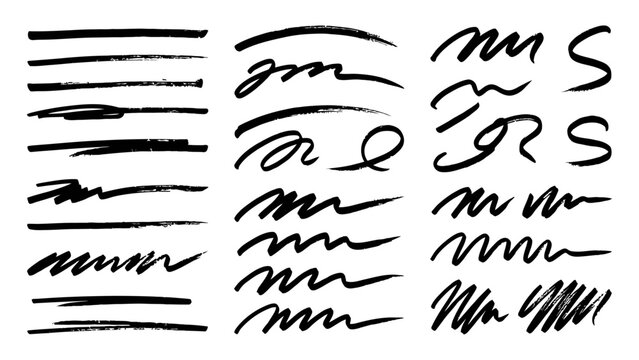 Black ink brush strokes set with hand drawn scribbles and textured lines for graphic design accents and text underlines