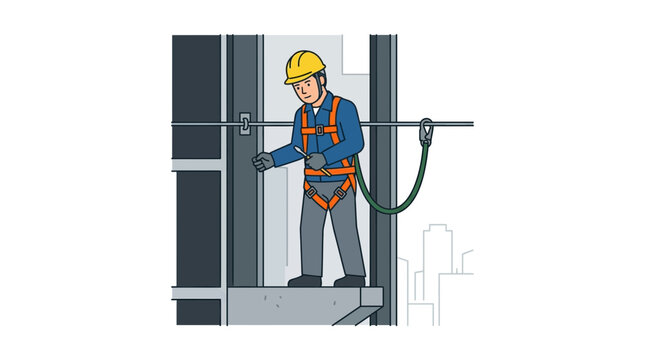 Construction worker safety harness on high building