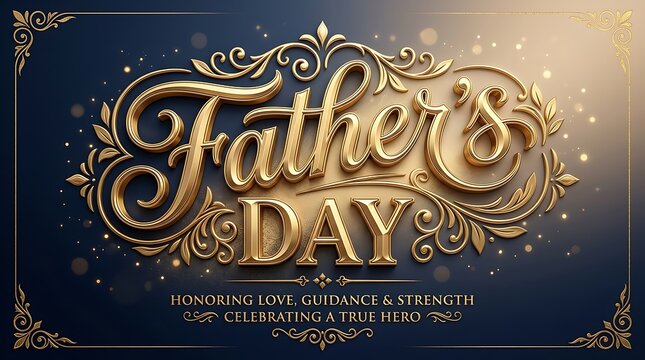 Elegant father's day greeting card with 3d gold lettering on a dark blue background with ornate flourishes and bokeh light effects