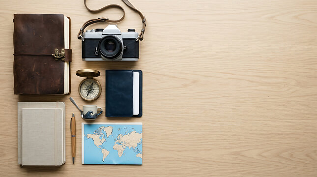Travel planning flat lay with vintage camera and journals