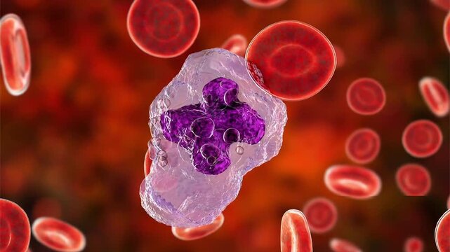 Macrophage in blood smear, 3D animation showing slowly rotating large phagocytic immune cell with abundant cytoplasm, illustrating innate immune response.