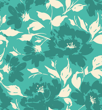Abstract floral seamless pattern with teal flowers and cream foliage on a matching background seamless botanical abstract artistic