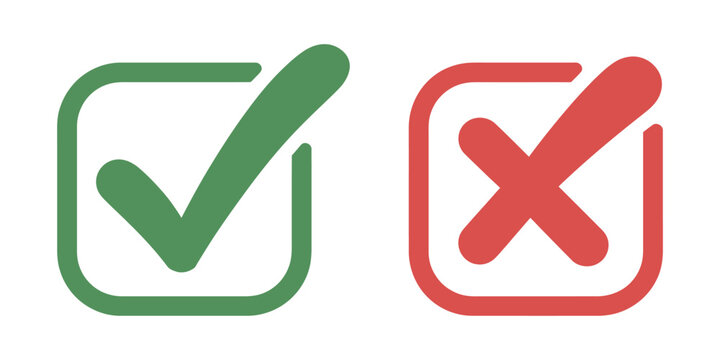Check Mark Icon button set, green tick box and red cross box icons, yes no decision symbols, approval and rejection checkmark icons, clean UI vector design elements.
