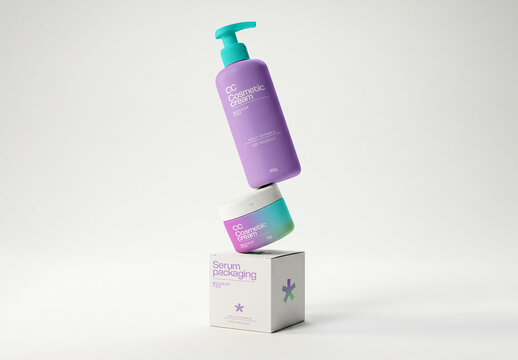 Floating Cosmetic Set Mockup With Pump Bottle Jar And Packaging Box