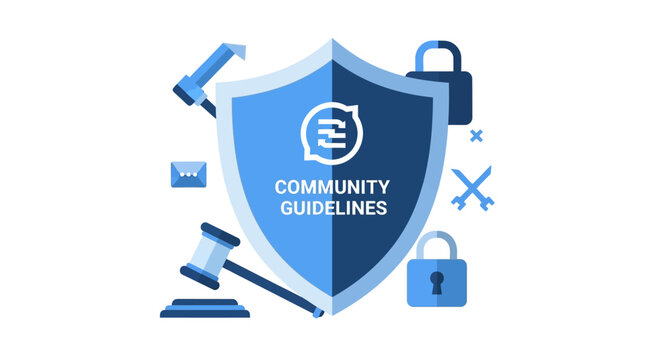 Community Guidelines and Online Safety Vector Illustration with Shield, Gavel, and Security Icons for Moderation and Legal Compliance