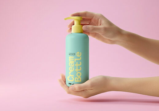 Pump Bottle Mockup Held In Hands On Colorful Studio Background