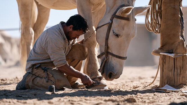 Farrier kneeling in dusty paddock at harsh midday sun fitting therapeutic shoe on draft horse with laminitis, owner holding halter rope while rehabilitation records and farrier