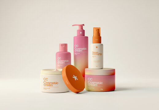 Cosmetic Brand Collection Mockup Full Set With Jars Bottles And Spray