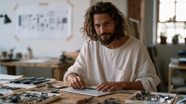 Industrial product designer arranges disassembled circular economy modular phone components on a reclaimed wood studio table, exploded-view assembly diagram taped to the wall,