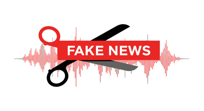 Scissors Cutting Fake News Banner with Audio Waveform Background - Conceptual Illustration of Media Censorship, Fact Checking, and Combating Misinformation.