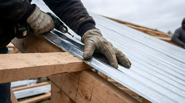 A person wearing gloves works at a metal roofing construction site; a close-up shot of the construction site. Genetated by AI image
