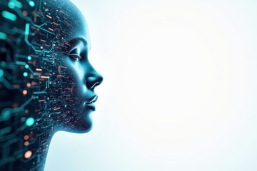 Obraz premium Futuristic digital human head integrated with glowing circuit board technology