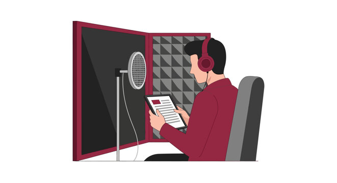 Professional Male Voiceover Artist Recording Podcast or Audio Content in Sound Studio with Headphones and Tablet Flat Vector Illustration