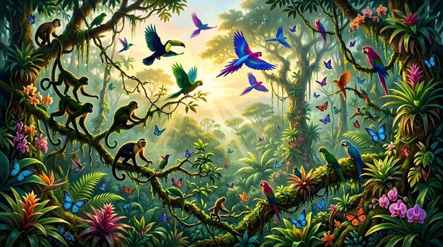 Tropical rainforest wildlife scene with exotic birds and monkeys, lush jungle landscape with parrots and butterflies, vibrant nature ecosystem illustration