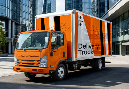 Box Truck Mockup Full Vehicle Wrap In Urban City Street Scene