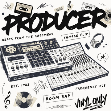 Vintage music production design with 'Producer' text, boom bap vibe, sampler, and mixer for t-shirt print"
