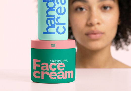 Pump Bottle And Cream Jar Mockup With Woman Model Background