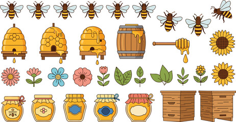 Beekeeping Collection with Honey Jars Beehives Bees Flowers and Honeycomb Vector Illustration © Prodip