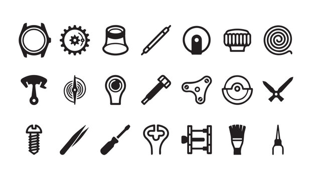 Watchmaking and precision instrument repair tool icons with watchmaking