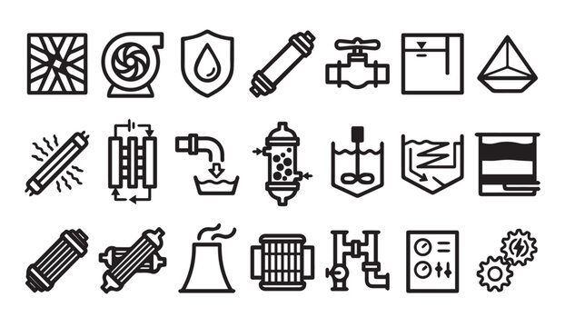 Water treatment and filtration system process icons with treatment, filtration